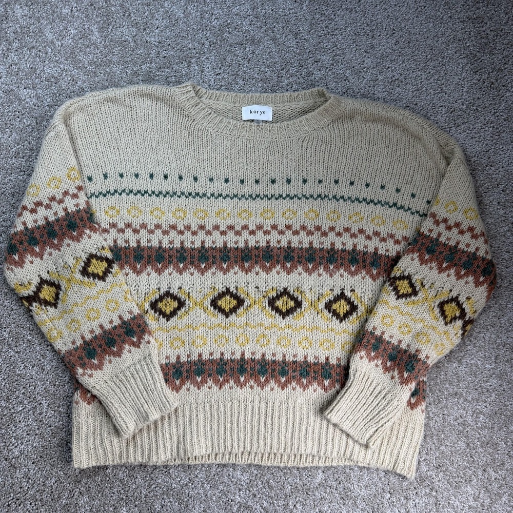 Korye Sweater Womens XL Beige Fair Isle Pattern Chunky Knit Crew Neck Pullover